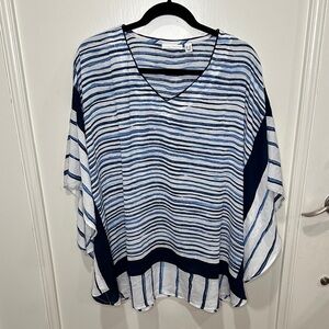 Susan Graver Blue and White Striped V-Neck Tunic